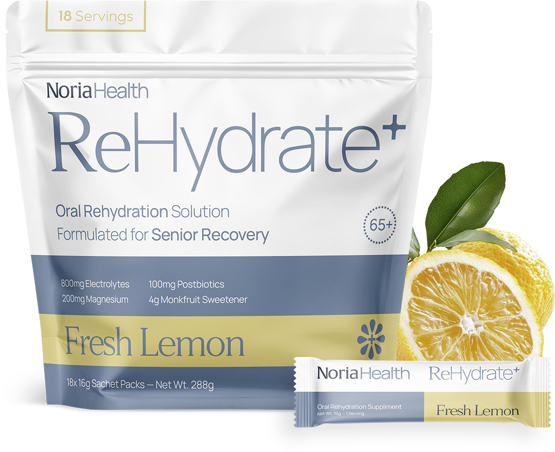 Noria Health ReHydrate+ pouch and single-serve sachet, Fresh Lemon